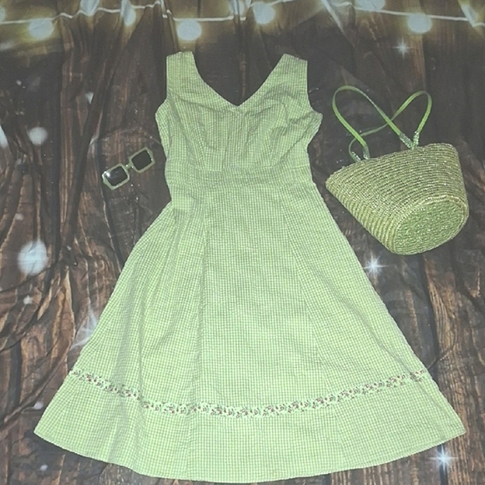 April Cornell Green Checkered Midi Dress